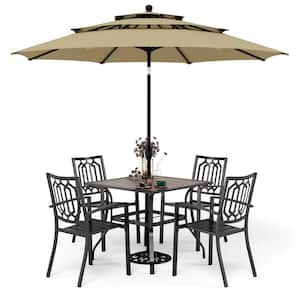 Black 6-Piece Metal Square Patio Outdoor Dining Set with Wood-Look Table, Umbrella and Fashion Stackable Chairs