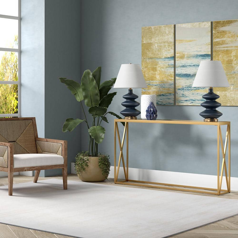 Modern Geometric 55" Brass Console Table with Tempered Glass Top