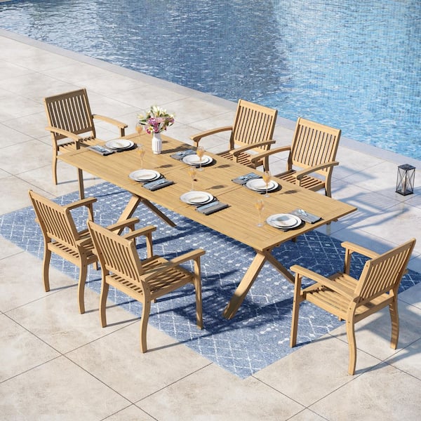 Brown 7-Piece Outdoor Patio Dining Set with Acacia Wood Rectangular Extendable Table and Wood Chairs