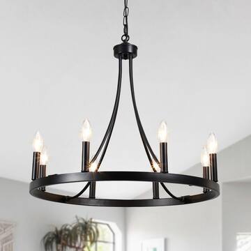 LWYTJO Loene 8-Light Black Farmhouse Candle Style Dimmable Wagon Wheel Chandelier for Living Room Kitchen Island Dining Foyer D0030-8-B-UL