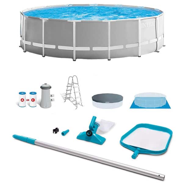 Intex Prism 15 ft. x 4 ft. Round Metal Frame Pool Above Ground Swimming Pool Set with Ladder, Cover and Maintenance Kit