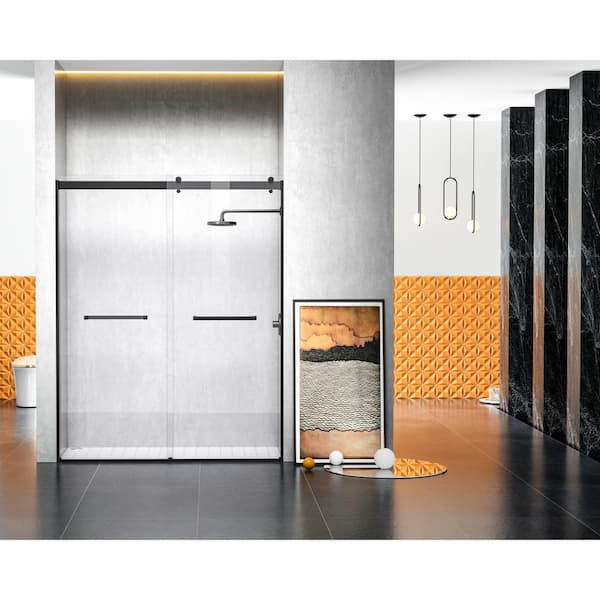 Unbranded Simply Living 60 in. W x 76 in. H Frameless Sliding Shower Door in Matte Black with Clear Glass
