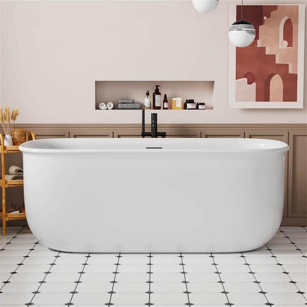 Mokleba 63 in. Classic Acrylic Flatbottom Freestanding Soaking Non-Whirlpool Bathtub in White