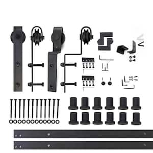 15 ft./180 in. Black Rustic Single Track Bypass Sliding Barn Door Track and Hardware Kit for Double Doors