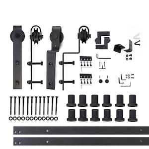 16 ft./192 in. Black Rustic Single Track Bypass Sliding Barn Door Track and Hardware Kit for Double Doors