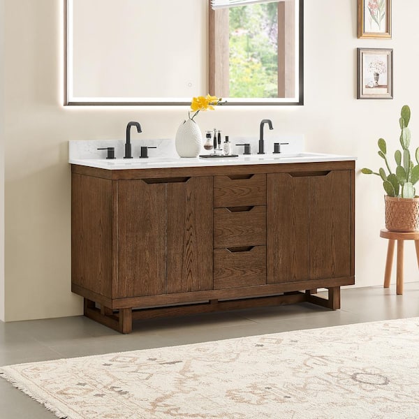 Mowry 60 in. Double Freestanding Brown Brushed Oak Bath Vanity with Grain White Engineered Stone Top Assembled