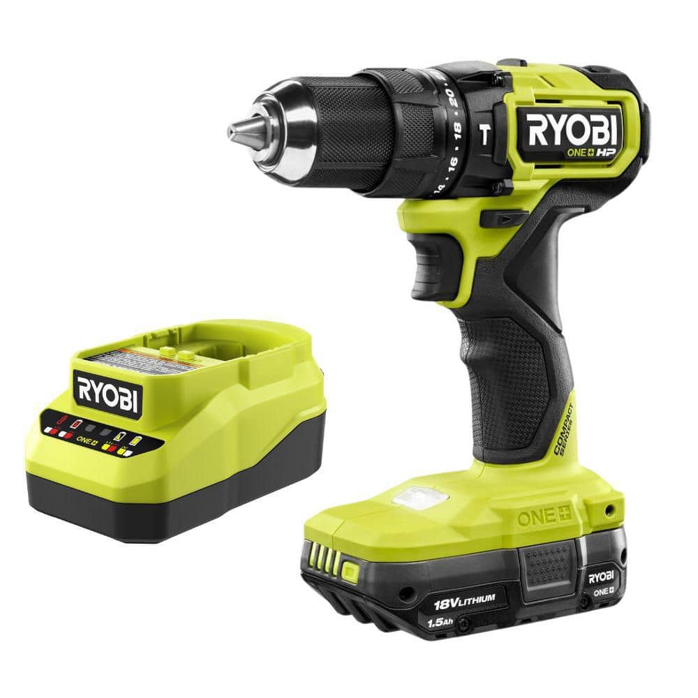 RYOBI ONE+ HP 18V Brushless Cordless Compact 1/2 in. Hammer Drill/Driver Kit with 1.5 Ah Battery and Charger PSBHM02K1