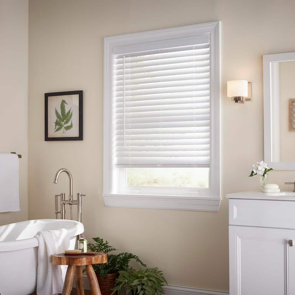 white cordless faux wood blinds for windows with 2 in. slats - 36.5 in. w x 64 in. l (actual size 36 in. w x 64 in. l)