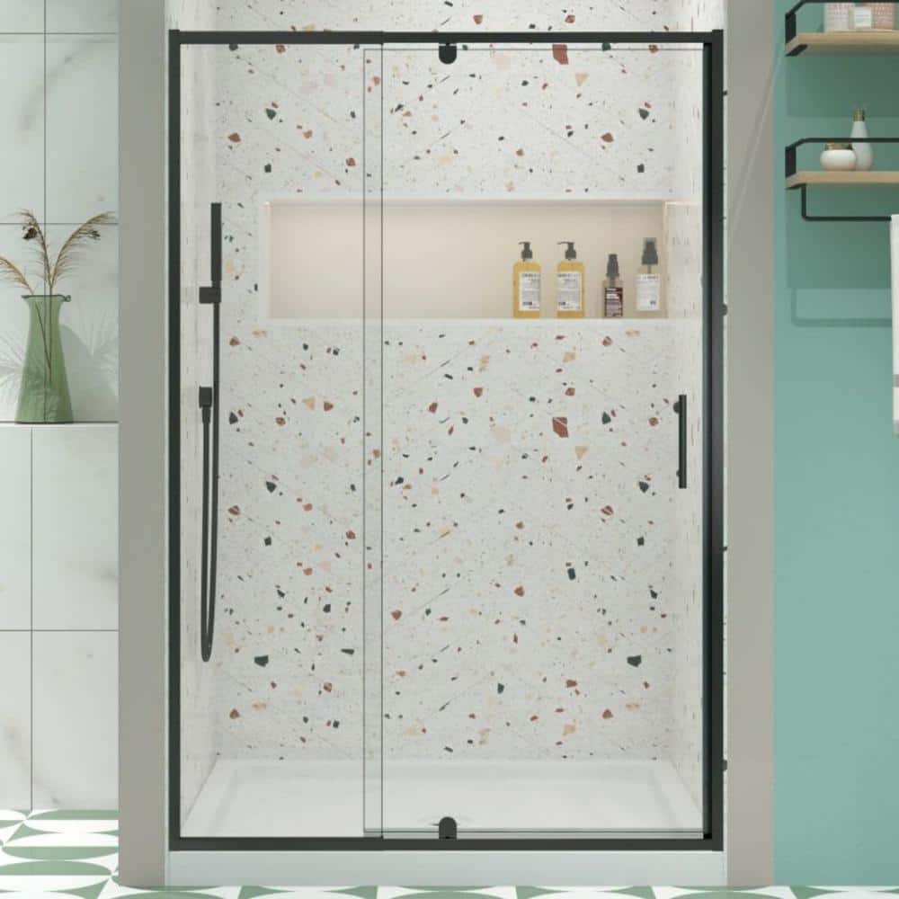 Black Framed Pivot Shower Door with Clear Glass