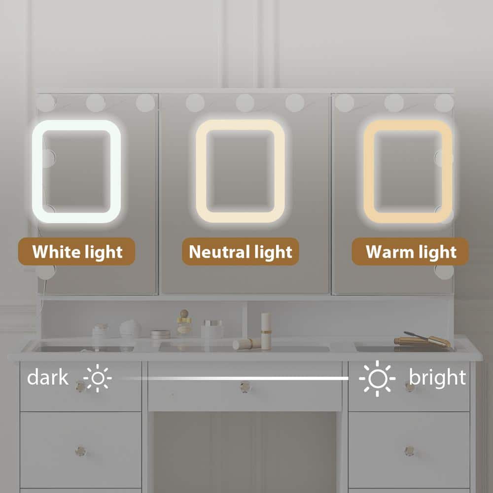 White Makeup Vanity Desk 9-Drawers Wood Dressing Table With 3 Mirrors, Glass Top, Hidden Storage Shelves, LED Bulb Light - thumbnail 7