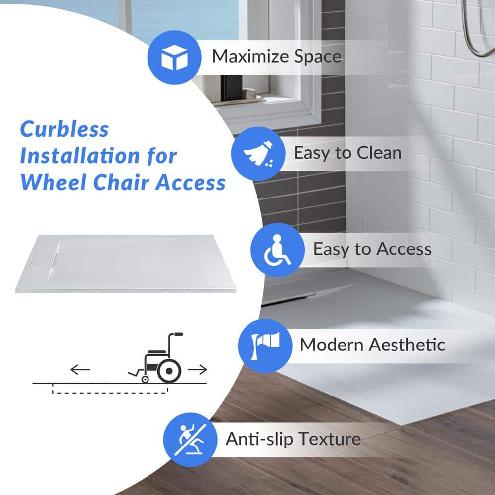 White Solid Surface Low-Profile Curbless Shower Base 48 x 32