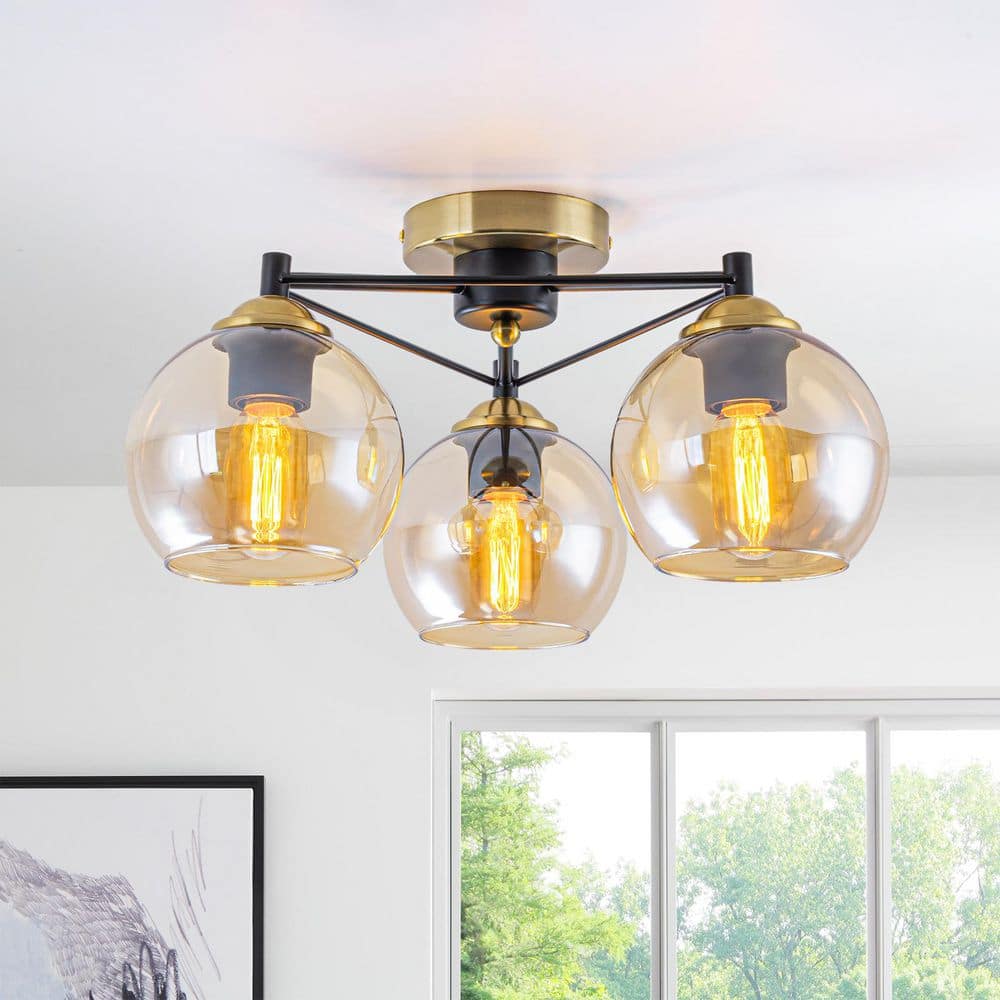 17.7 in. 3-Light Modern Industrial Copper and Matte Black Finish Flush Mount Ceiling Light with Amber Glass Globe Shades price history on PriceWatchPro