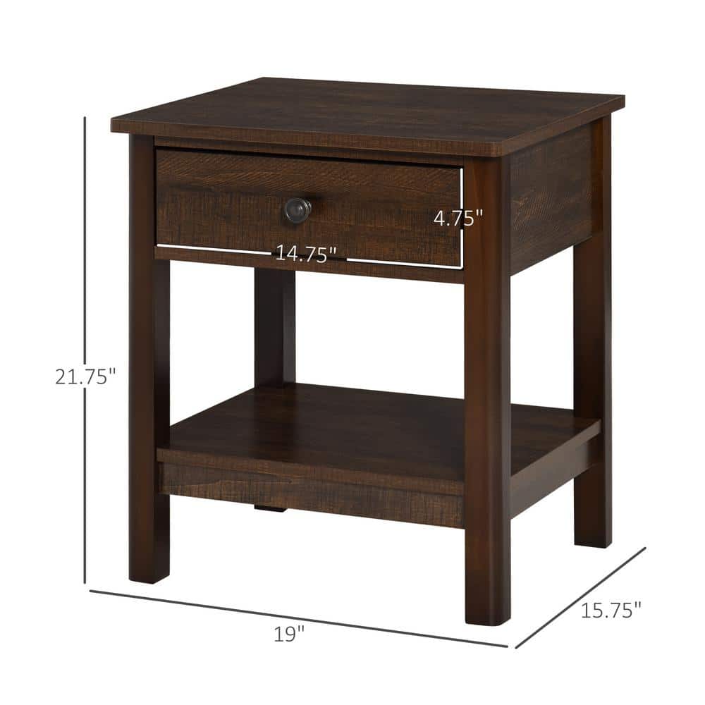Dark Brown Wood End Table with Drawer and Shelf