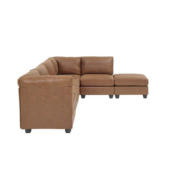 Nina Modern 120 in. 6-Piece Faux Leather Modular Sectional Sofa in. Brown with Ottoman Removable Cushions