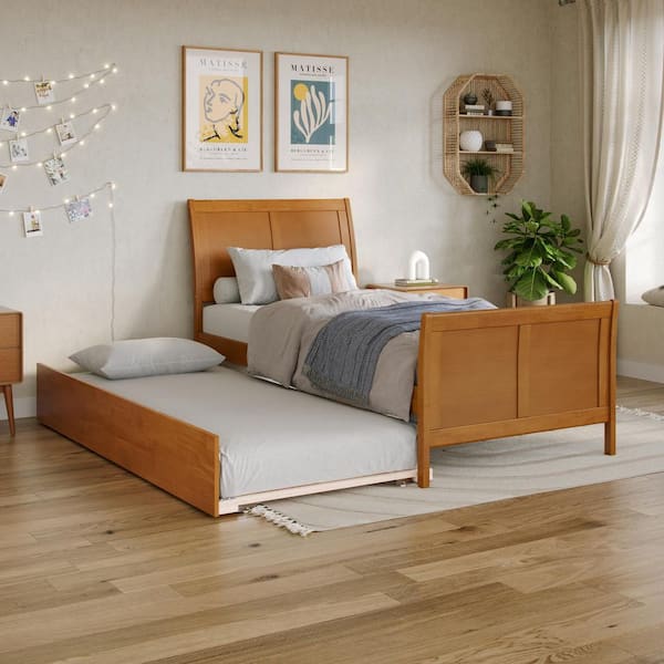 Portland Light Toffee Natural Bronze Solid Wood Frame Twin XL Platform Bed with Matching Footboard and Twin XL Trundle