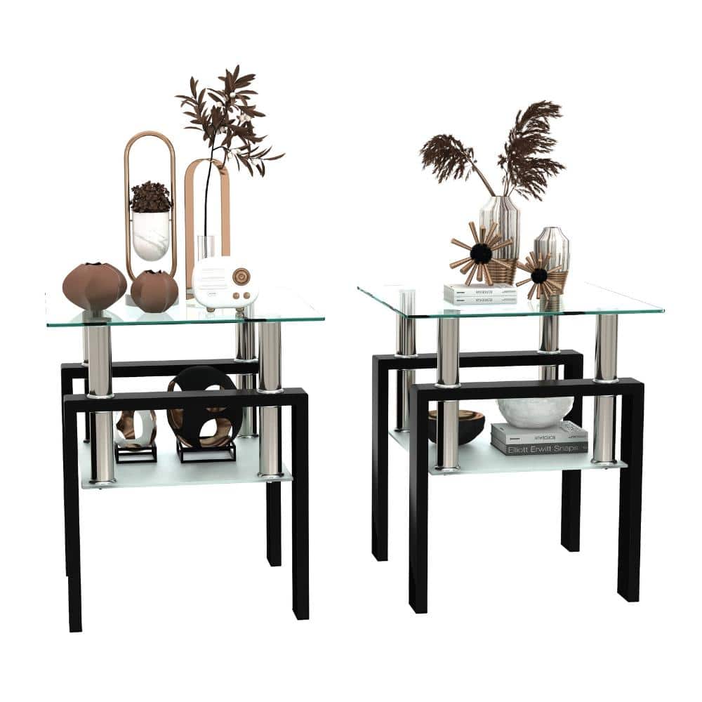 17.72 in. Transparent/Black Square Tempered Glass End Table with Metal Legs and Lower Shelf price history on PriceWatchPro