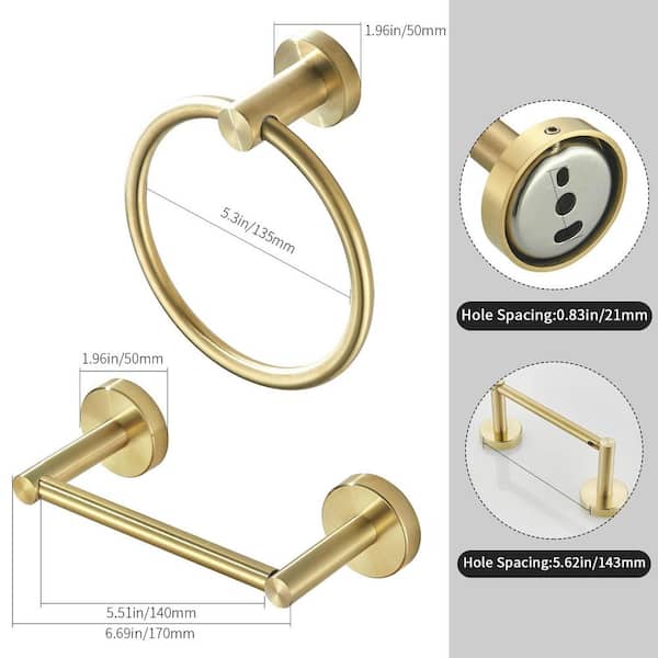 2-Piece Bath Hardware Set Included Toilet Paper Holder and Towel Ring in Gold, Made of High-Quality Stainless Steel