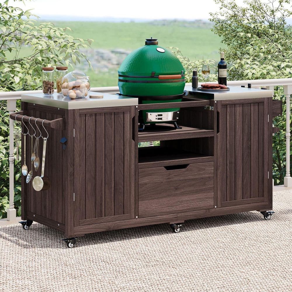 66.5 in. Brown Outdoor Grill Table for Big Green Egg-21-22 in