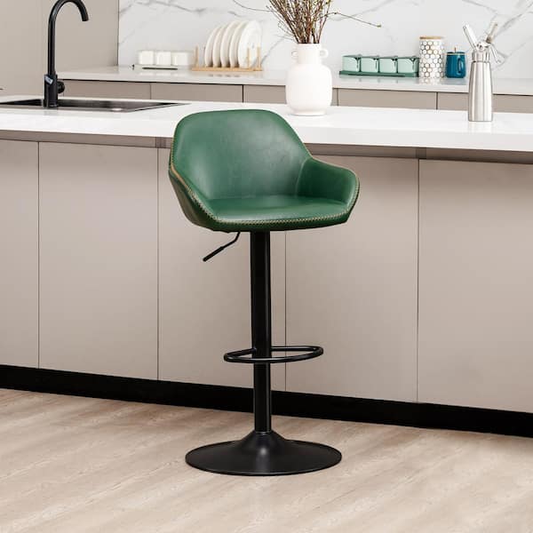 Glitzhome 42.5 in. H Mid-Century Modern Vintage Hunter Green Leatherette Gaslift Adjustable Swivel Bar Stool with Metal Frame