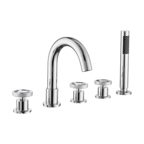 PERLIRIA INC 3-Handle 5-Holes Deck Mount Roman Tub Faucet with Hand Shower, Round Bathtub Shower Faucet in. Chrome