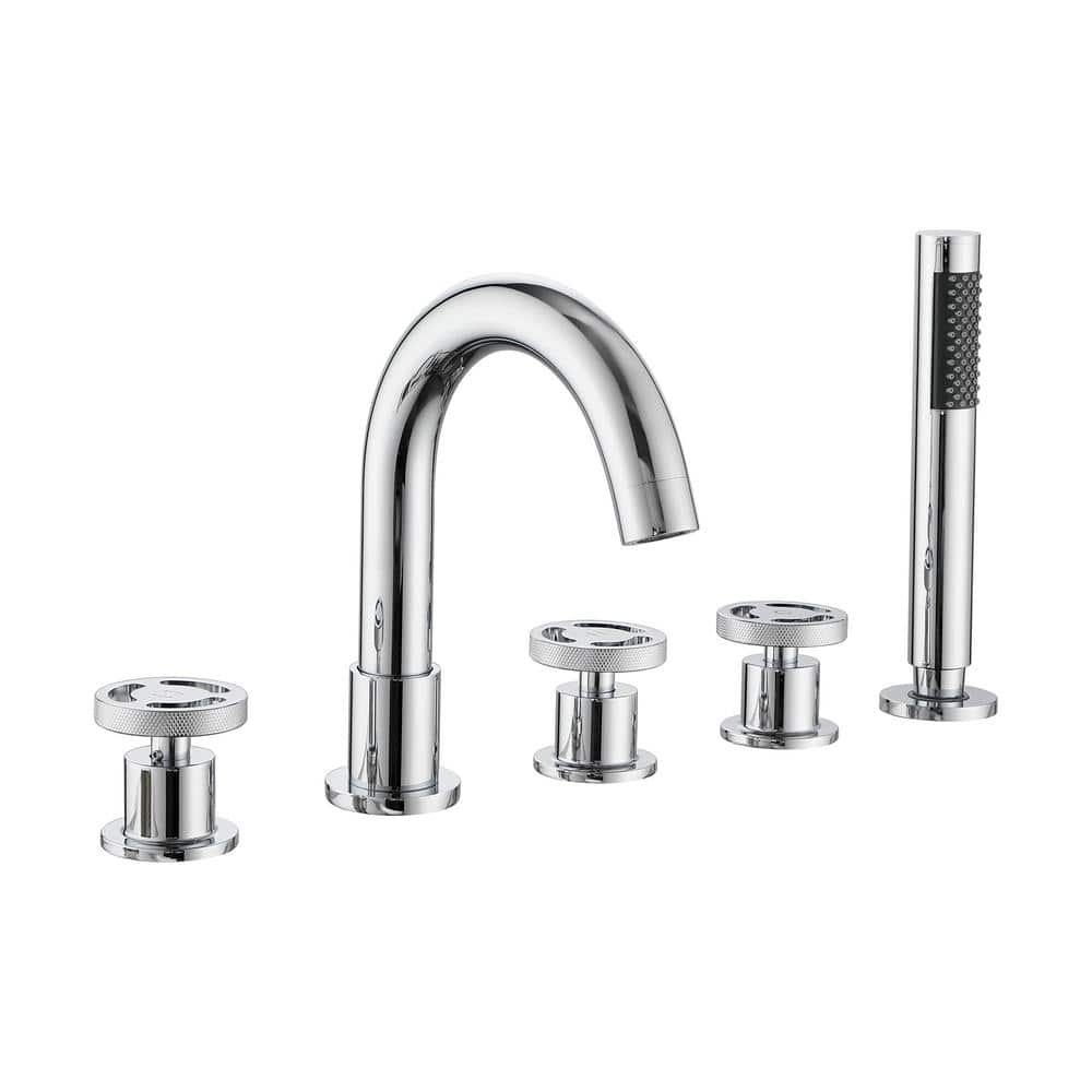 3-Handle 5-Holes Deck Mount Roman Tub Faucet with Hand Shower, Round Bathtu