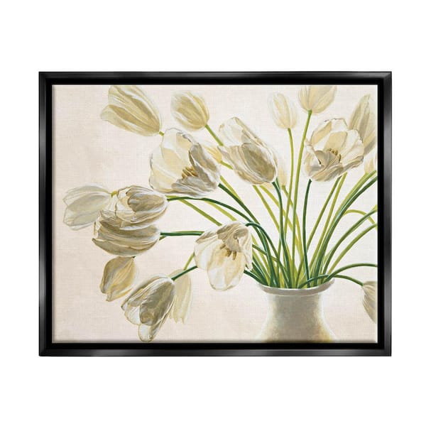 The Stupell Home Decor Collection Tranquil White Tulip Bouquet in Country Vase by Eva Barberini Floater Frame Nature Wall Art Print 21 in. x 17 in.