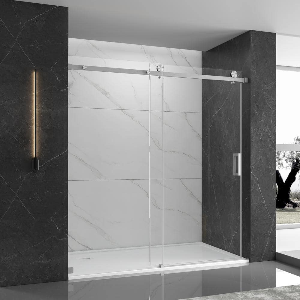 60 in. W x 76 in. H Single Sliding Frameless Shower Door in Brushed with Cl