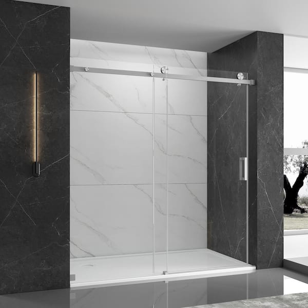 EPOWP 60 in. W x 76 in. H Single Sliding Frameless Shower Door in Brushed with Clear Glass