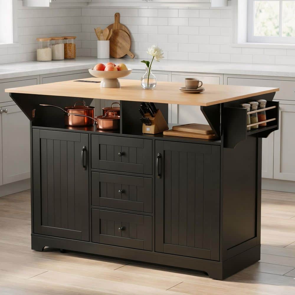 Ximuprmy Black Wood 55 in. Kitchen Island with 2 Drop Leaf, 2-Power ...