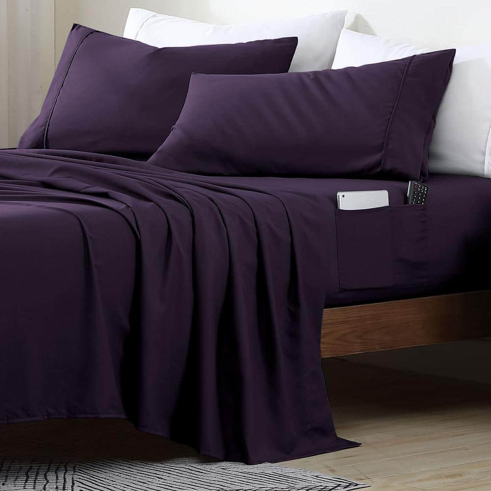 swift home Twin Size Microfiber Sheet Set with 8 in. Double Storage Side Pockets, Eggplant