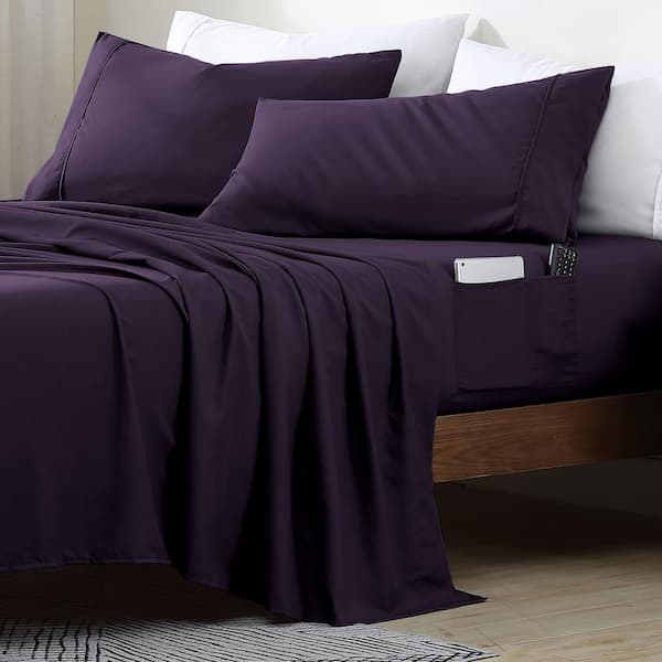 swift home Twin XL Size Microfiber Sheet Set with 8 Inch Double Storage Side Pockets, Eggplant