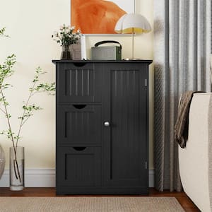 Black Bathroom Floor Accent Cabinet with 3-Drawers and 1-Cupboard