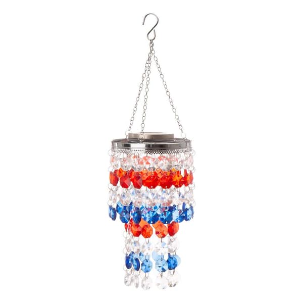 Glitzhome 19.125 in. H Solar Lighted Hanging Chandelier with Acrylic Multi-Colored Jewel Beads