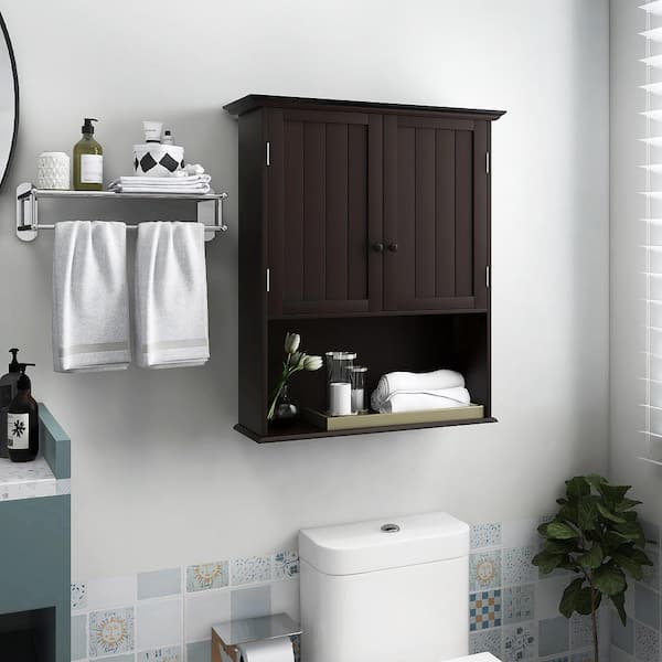  FORABAMB Bathroom Wall Cabinet Wood Medicine Cabinets with 2  Doors & Adjustable Shelves Over The Toilet Storage Cabinet with 3  Compartments Wall Mounted Storage Organizer for Kitchen Laundry Room : Home