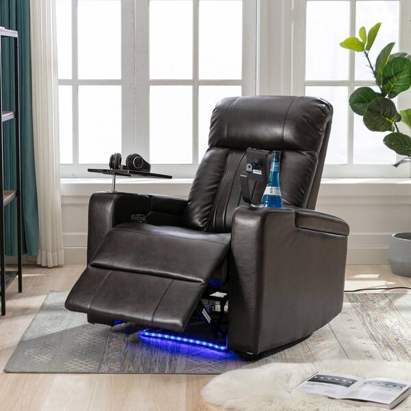 Brennor Brown PU Faux Leather Power Recliner Chair with Storage Arms, Cupholders, Swivel Tray Table and Cell Phone Stand