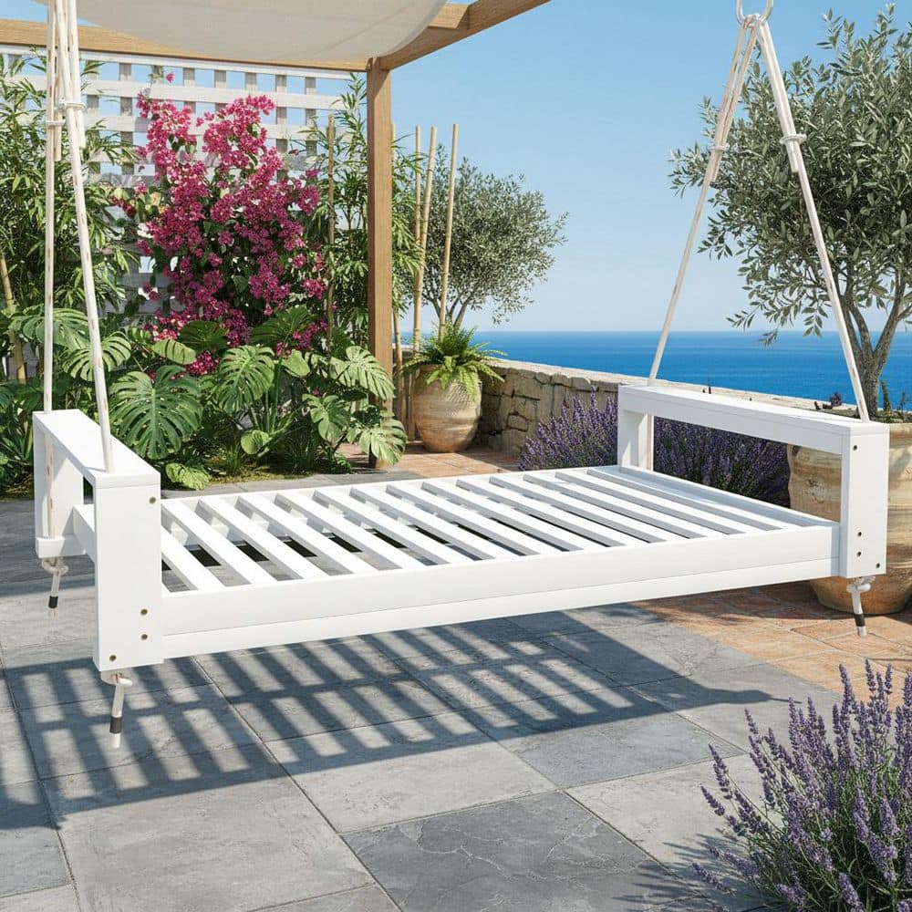 White 86 in. 2-Person Wood Porch Swing, Modern Twin Size Patio