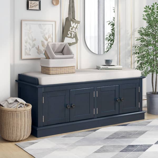 17.4 in. H x 42.7 in. W Navy Blue Solid Wood Shoe Storage Bench with 4-Doors, Adjustable Shelves and Removable Cushion