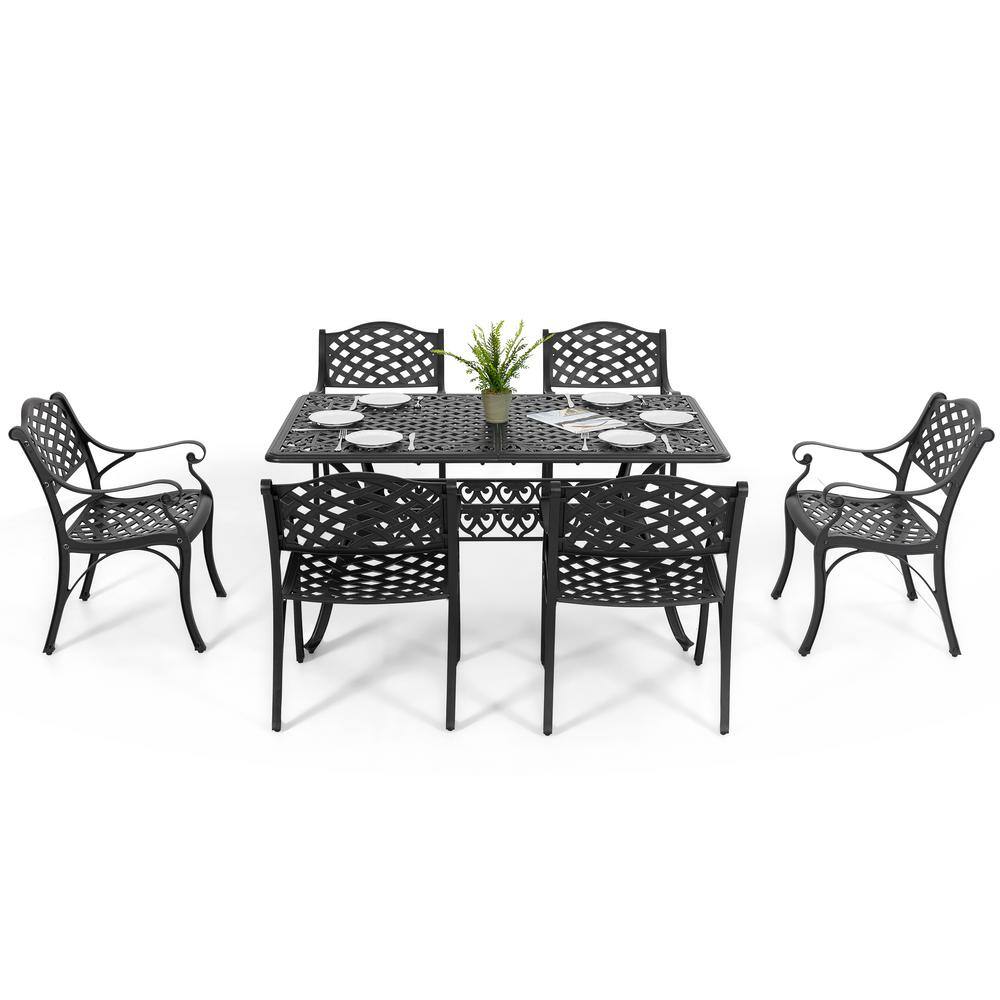 Nuu Garden Black with Gold Speckles 7Piece Cast Aluminum Outdoor Dining Set, 6Patio Chairs and