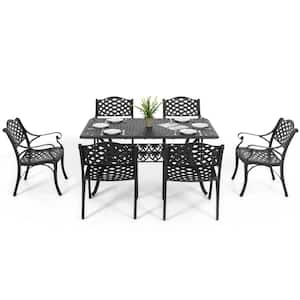Black with Gold Speckles 7-Piece Cast Aluminum Outdoor Dining Set, 6-Patio Chairs and Dining Table with Umbrella Hole