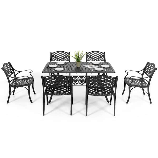 Nuu Garden Black with Gold Speckles 7-Piece Cast Aluminum Outdoor Dining Set, 6-Patio Chairs and Dining Table with Umbrella Hole