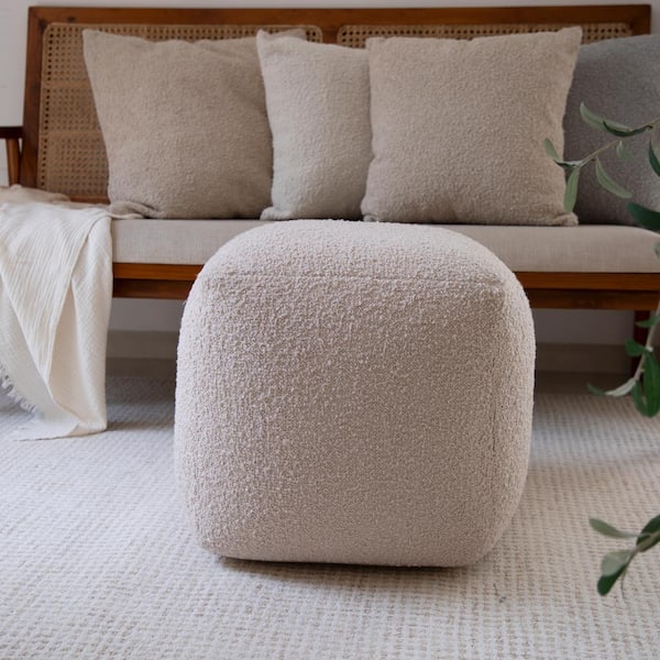 Unbranded Solid Mid-Century Modern Hand Woven Beige Boucle Square 18 in. Pouf