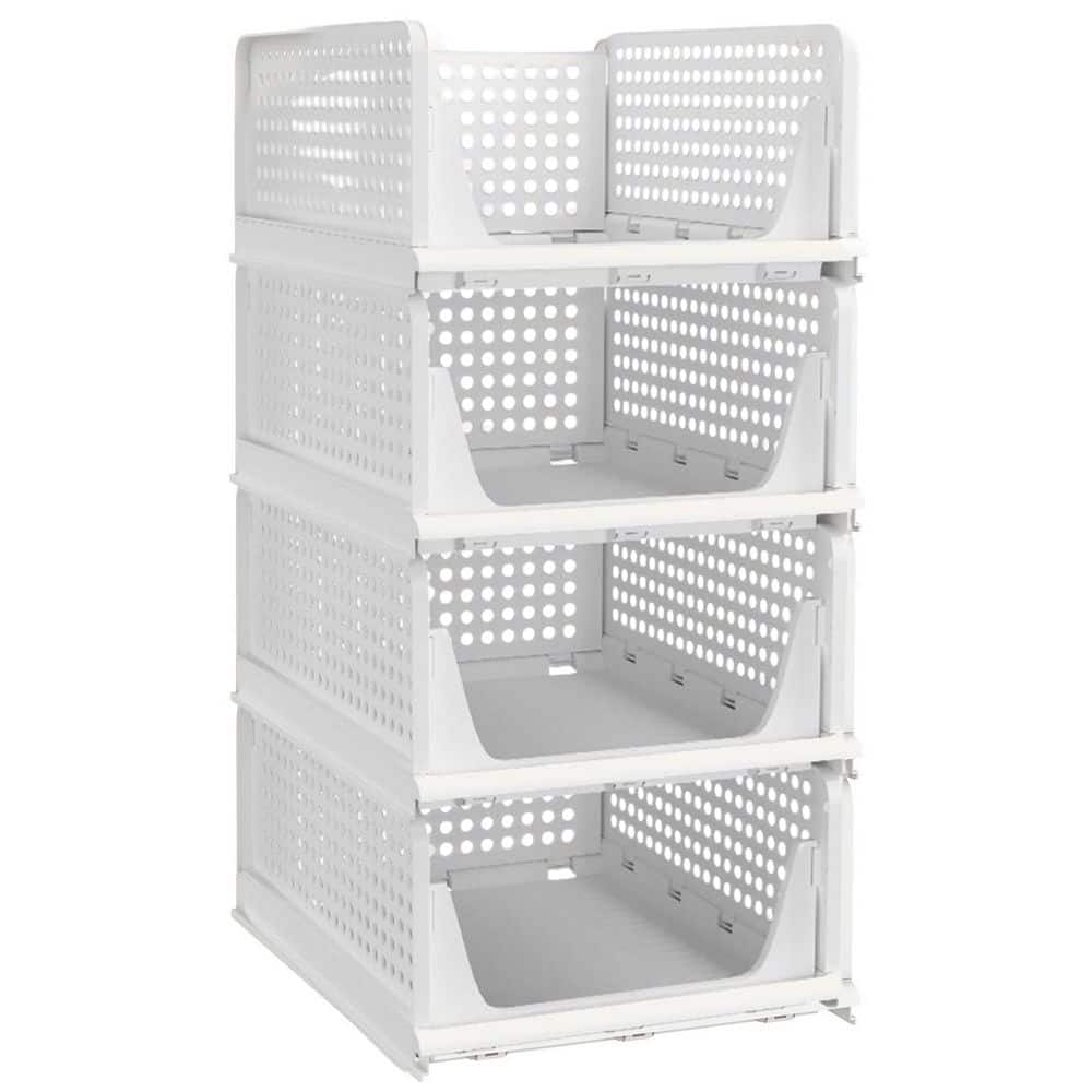Off White 16.6 in. x 13.1 in. Plastic Stackable Foldable Storage Basket Set of 4 for Wardrobe Kitchen Bathroom Office