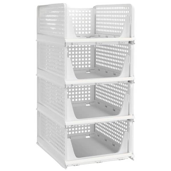 Off White 16.6 in. x 13.1 in. Plastic Stackable Foldable Storage Basket Set of 4 for Wardrobe Kitchen Bathroom Office