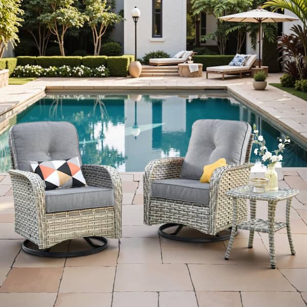 Toject Beverly Gray 3-Piece Wicker Outdoor Patio Conversation Swivel Rocking Chair Seating Set with Dark Gray Cushions