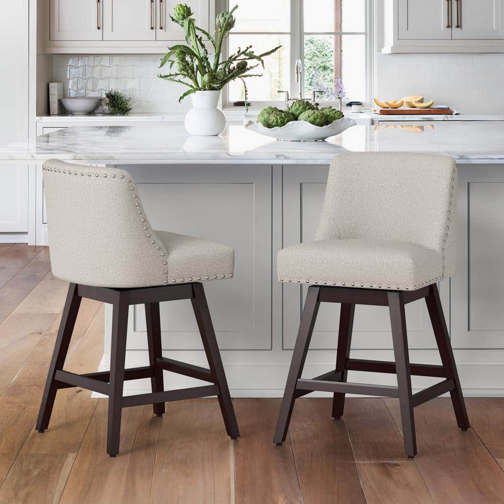 Oyster Gray Swivel Counter Stools with Wood Legs, Set of 2