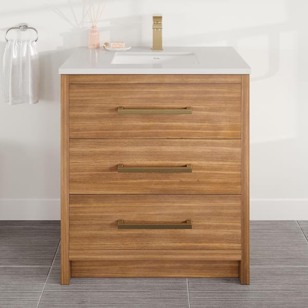 Curio 30 in. Single Sink Walnut Bath Vanity with White Carrara Quartz Top (Assembled)