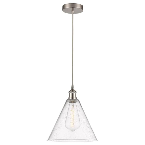 Edison Glass Cone 60-Watt 1-Light Brushed Satin Nickel Standard Mini Pendant Light with Seeded Glass Shade