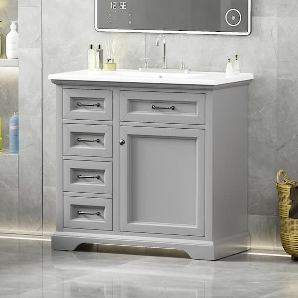 36 in. Freestanding Light Gray Bath Vanity with White Ceramic Top Unassembled