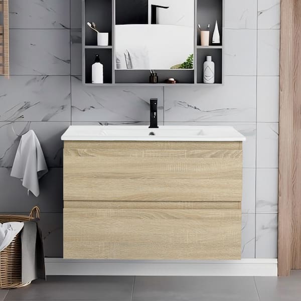Modern 30 in. W x 18.3 in. D x 20.5 in. H Floating Bath Vanity Cabinet in Light Oak with White Ceramic Top