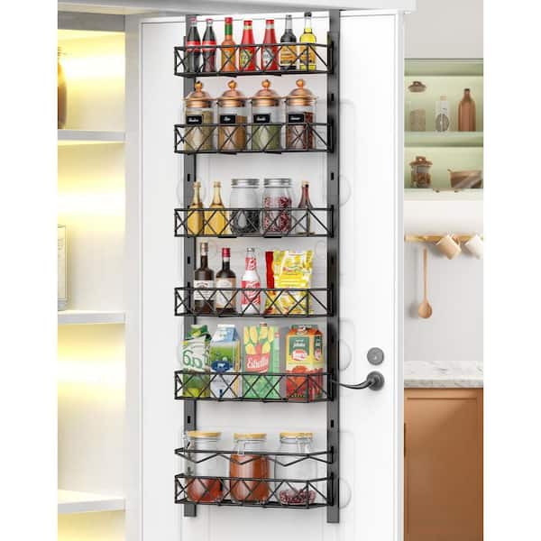Numhew 6-Tier Black Over the Door Pantry Organizer with Adjustable Basket, Metal Hanging Wall Mount Spice Rack for Kitchen